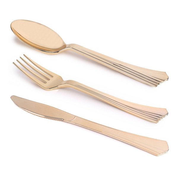 Smarty Had A Party Shiny Metallic Gold Groove Plastic Cutlery Set - Spoons, Forks and Knives (600 Guests), 1800PK 7959GGRCS-CASE